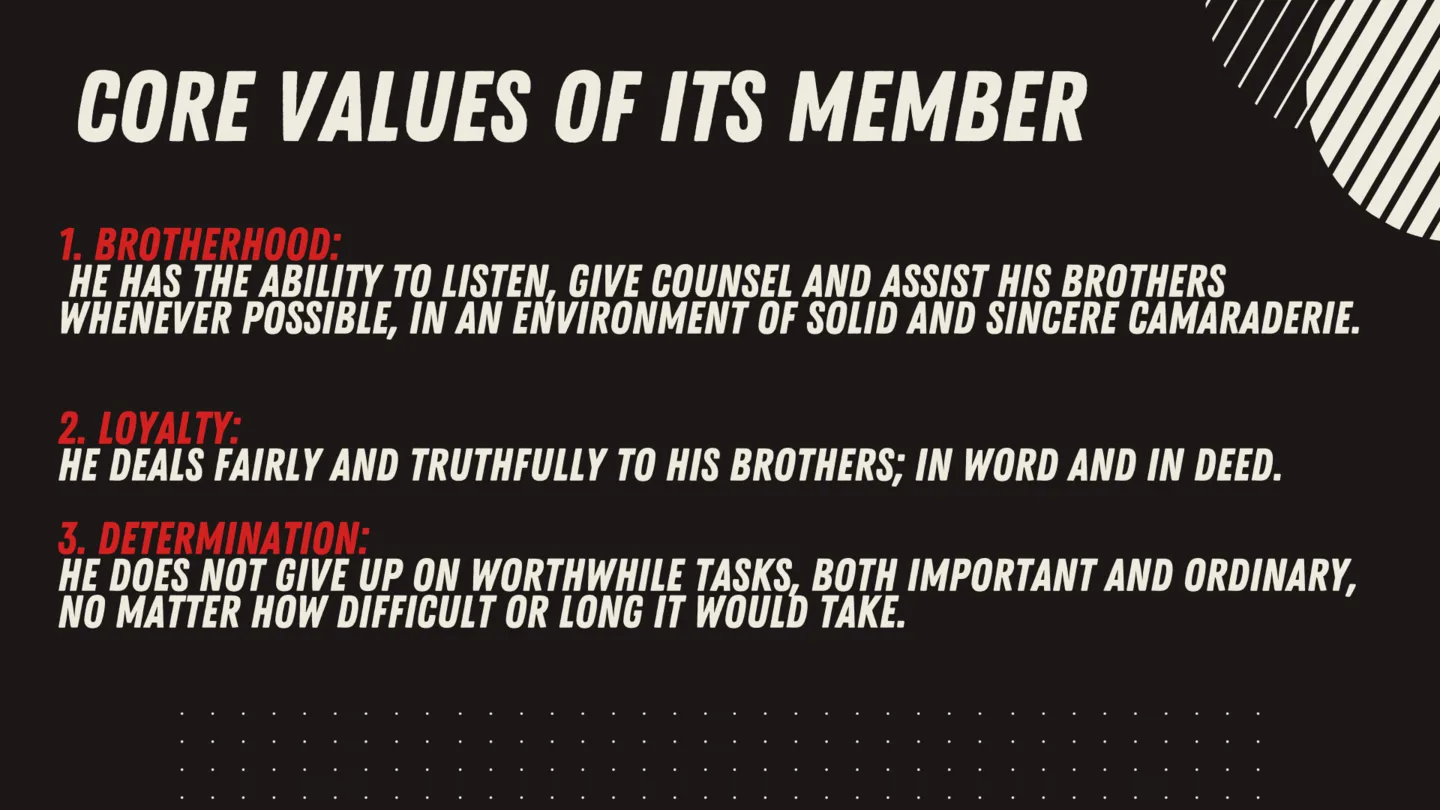 Core values graphic listing brotherhood, loyalty, and determination for UPBF 55 members.