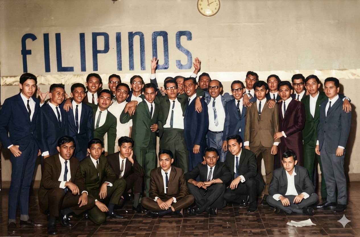 Historic UP Brotherhood of the Filipinos 55 group portrait beneath a large FILIPINOS backdrop.