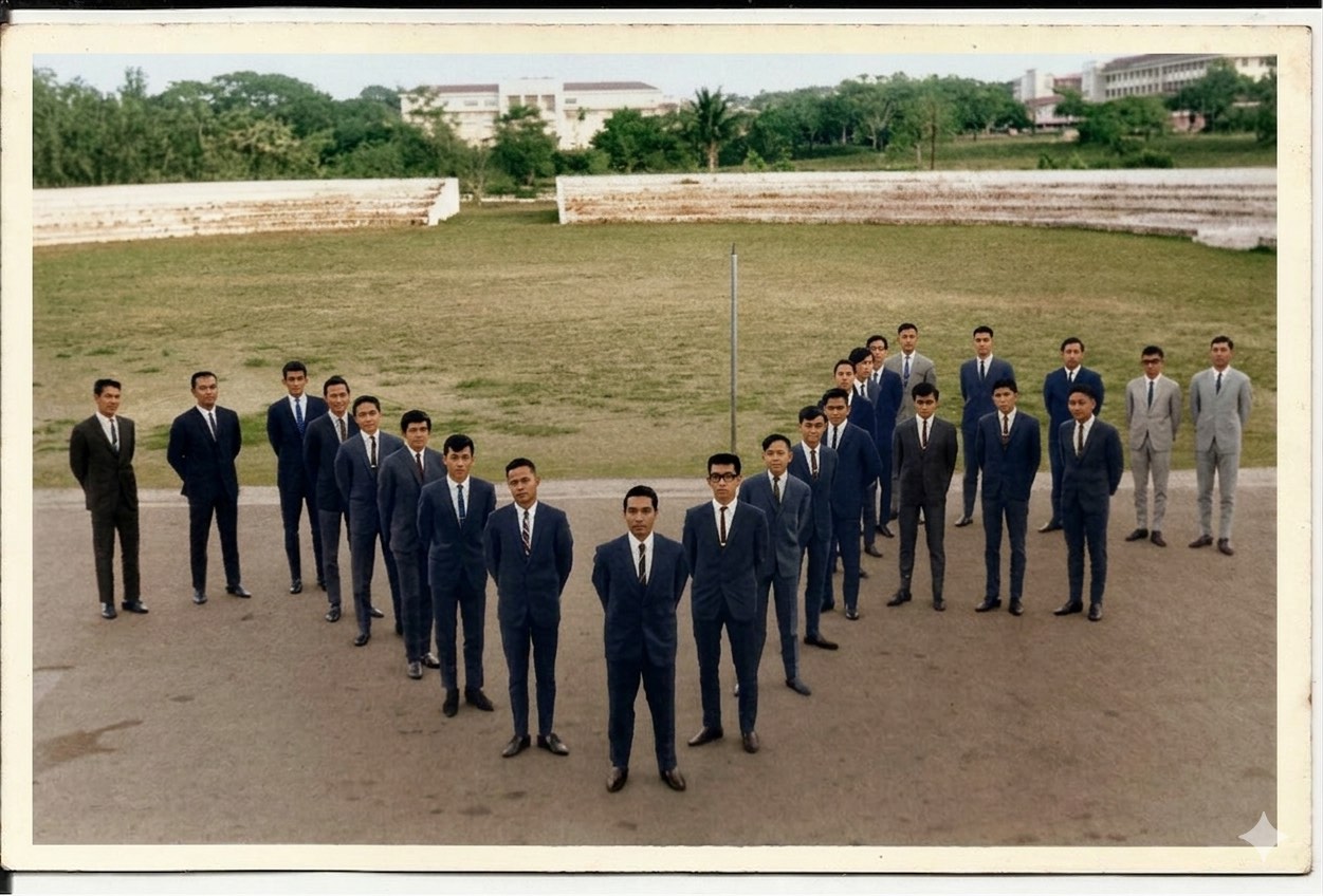 Historic formation-style photograph of UPBF 55 members arranged in suits on an open campus field.